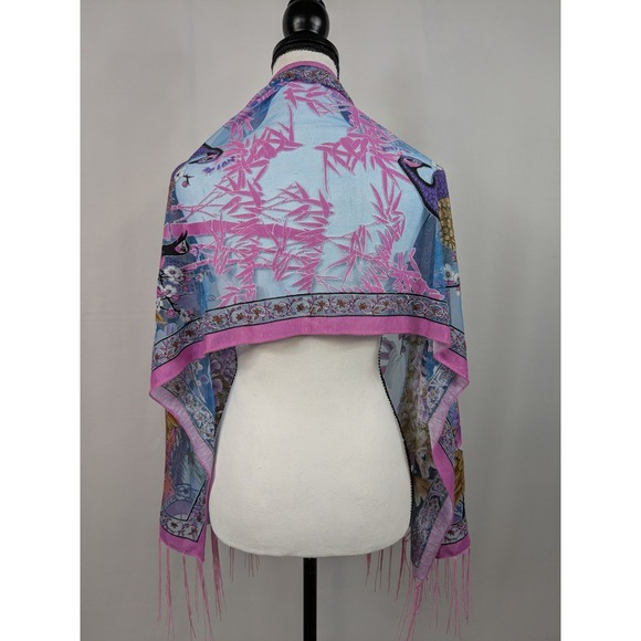 Vtg 90s Y2K Peacock Print Burnout Fringe Scarf Shawl Maximalist Oriental A076 - Picture 5 of 9